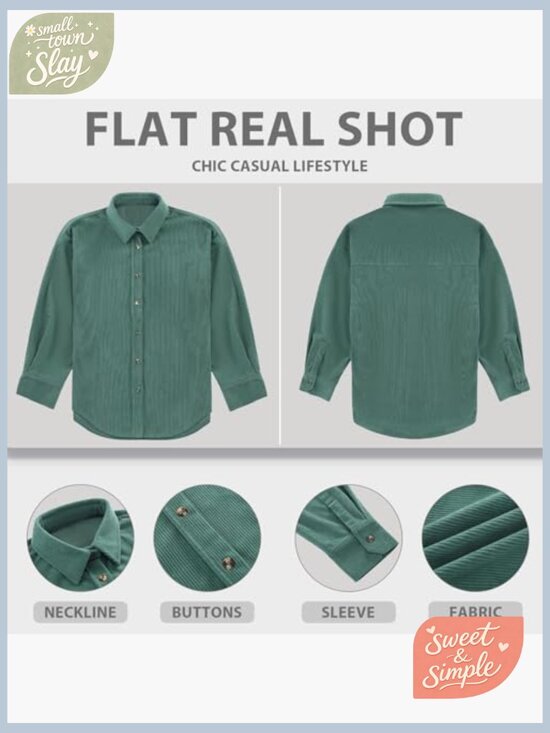 Oversized Corduroy Button Down Shirt Long Sleeve Boyfriend Fit Blouse Top - Picture 6 of 7